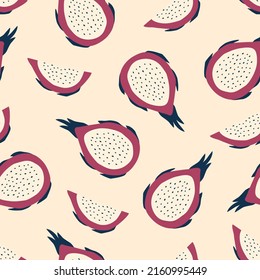 Asian pitaya with seeds hand drawn vector illustration. Exotic dragon fruit colorful seamless pattern.