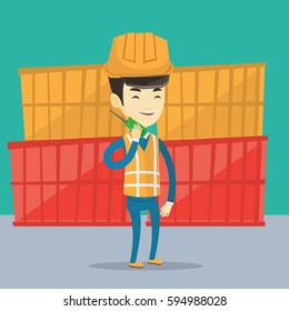 Asian port worker in hard hat talking on wireless radio. Port worker standing on cargo containers background. Smiling port worker using wireless radio. Vector flat design illustration. Square layout.