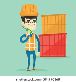 Asian port worker in hard hat talking on wireless radio. Port worker standing on cargo containers background. Smiling port worker using wireless radio. Vector flat design illustration. Square layout.