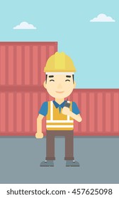 An asian port worker talking on wireless radio. Port worker standing on cargo containers background. Man using wireless radio. Vector flat design illustration. Vertical layout.