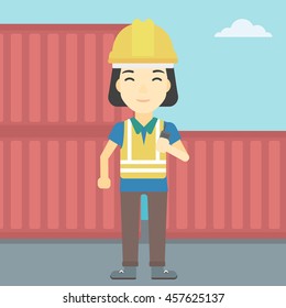 An asian port worker talking on wireless radio. Port worker standing on cargo containers background. Woman using wireless radio. Vector flat design illustration. Square layout.