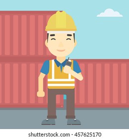 An asian port worker talking on wireless radio. Port worker standing on cargo containers background. Man using wireless radio. Vector flat design illustration. Square layout.