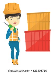 Asian port worker talking on wireless radio. Port worker standing on cargo containers background. Smiling port worker using wireless radio. Vector flat design illustration isolated on white background