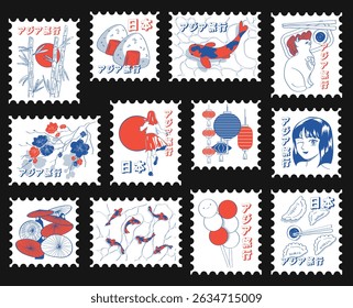 Asian postcard stamp sticker pack, oriental trendy vector illustration. Lantern, anime girl, asian food, bamboo, cat, koi fish.