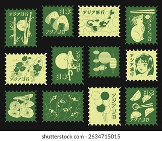 Asian postcard stamp sticker pack, oriental trendy vector illustration. Lantern, anime girl, asian food, bamboo, cat, koi fish.