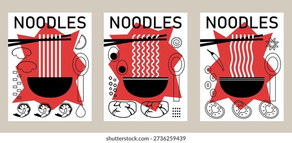 Asian poster set featuring different tipe of noodles. Hand drawn vector illustrations in black, white and red. 