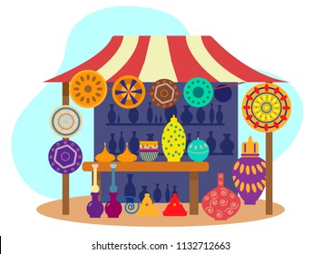 Asian pottery street stall. Authentic ceramics shop. Isolated on white. Flat vector illustration.