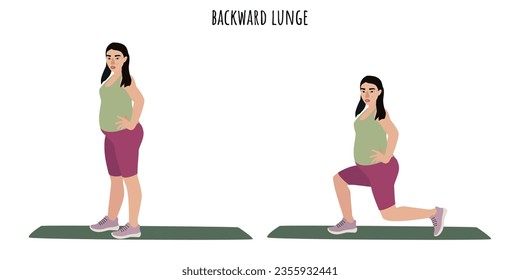 Asian pregnant woman doing backward lunge exercise. Feminism, self acceptance and liberty. Active lifestyle. Sport, wellness, workout, fitness. Flat vector illustration