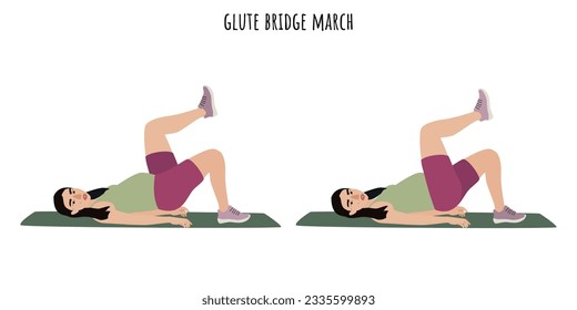 Asian pregnant woman doing glute bridge march exercise. Feminism, self acceptance and liberty. Active lifestyle. Sport, wellness, workout, fitness. Flat vector illustration