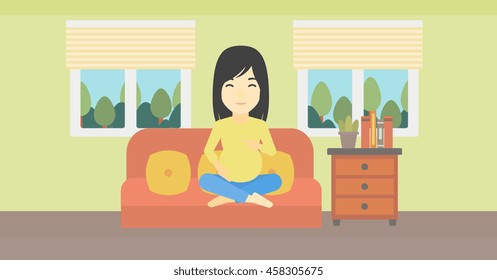 An asian pregnant woman holding her hands on belly. Young pregnant woman sitting on a sofa at home. Vector flat design illustration. Horizontal layout.