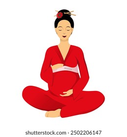Asian pregnant woman with red kimono sitting cross-legged and holding her belly