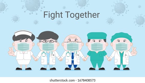 asian professor senior doctor man and woman nurse surgical doctor wear surgical mask hand in hand human wall look up fight together for protect covid19 corona virus cartoon style protection concept