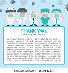 Asian professor senior doctor man doctor woman nurse surgical doctor wear surgical medical mask hand in hand human wall fight together for protect covid19 corona virus cartoon style protection concept
