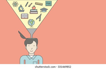 Un alumno asiático con múltiples íconos sobre su cabeza simbolizando el conocimiento. Ilustración de diseño de línea de vector. Diseño horizontal con un espacio de texto para un post en medios sociales.