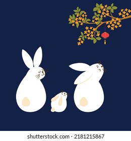 Asian rabbit illustration. Happy rabbit family isolated elements. Mid-Autumn festival Chinese New Year vector. Korean japanese concept. Chinese lantern asian floral branch. Chinese holiday characters.