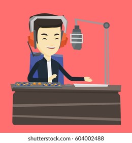 Asian Radio Dj In Headset Working On A Radio Station. Radio Dj Working In Front Of Microphone, Computer And Mixing Console On Radio. Vector Flat Design Illustration. Square Layout.