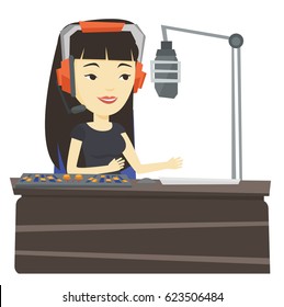 Asian radio dj in headset working on radio station. Female radio dj working in front of microphone, computer and mixing console on radio. Vector flat design illustration isolated on white background.