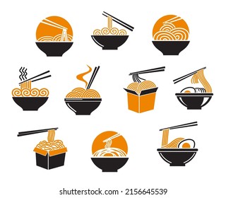 Cuenco de ramen asiático y caja de sopa de fideos, íconos de comida vectorial para restaurante chino o japonés y coreano. Palos de palo y tazón de fideos udon o ramen emblemas para la cocina asiática menú de platos de trabajo