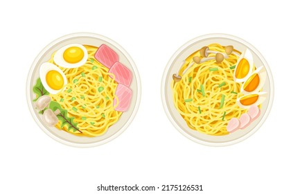 Asian ramen in bowls with fish, vegetables and eggs, top view vector illustration