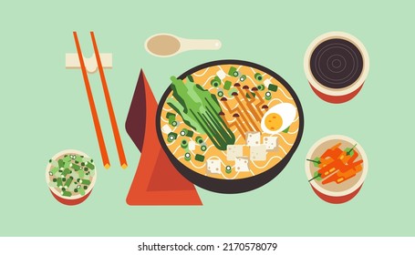 Asian ramen noodle soup with egg. Bowl with spicy hot Thai food. Japanese dishes wok with chopsticks and spices isolated. Vector geometric modern illustration of oriental cuisine delicacy culture.