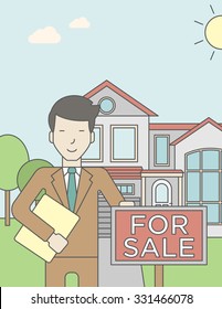An asian real estate agent holding the document and placard for sale on house background. Vector line design illustration. Vertical layout with a text space for a social media post.