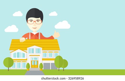 An asian real estate agent wearing glasses standing behind the house with thumbs up vector flat design illustration. Horizontal layout with a text space.