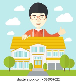 An asian real estate agent wearing glasses standing behind the house with thumbs up vector flat design illustration. Square layout.