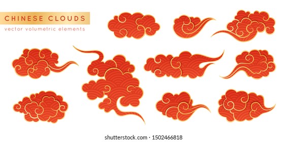 Conjunto de nubes realistas asiáticas. Típicos adornos nublados de estilo oriental chino, coreano y japonés.  Conjunto de elementos retro de decoración vectorial. Colección de cielo aislada en fondo blanco. 