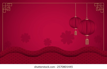Asian red background with flowers snake Chinese lanterns. Chinese New Year card