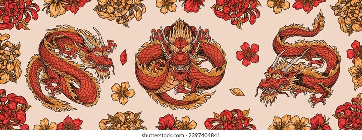 Pancarta de colores de dragones rojos asiáticos con brotes y pétalos de flores cerca de monstruo mítico de la cultura oriental ilustración vectorial