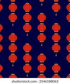Asian red lanterns seamless pattern. Vector graphic illustration on dark transparent background. Happy Chinese New year