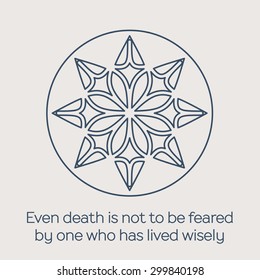 Asian religious circular ornament. Vector illustration with lineart mandala and Buddha quote