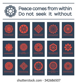 Asian religious posters with Buddha quotes. Vector set