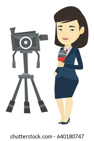 Asian reporter with microphone standing on the background with camera. TV reporter presenting the news. TV transmission with reporter. Vector flat design illustration isolated on white background.