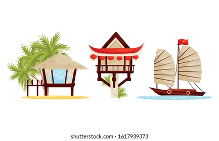 Asian Resort and Holiday Symbols with Water Transport and Beach Hut with Straw Roof Vector Set