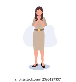 Asian Respect Sign concept. Traditional Thai Respect Gesture. Thai Sawasdee Greeting and Thank you. Thai teacher is doing thank you respect.