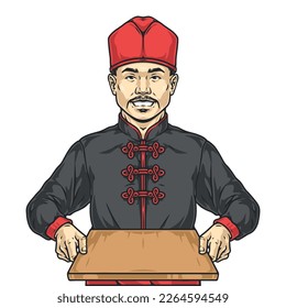 Asian restaurant chef emblem colorful with positive mustachioed man looking at screen showing empty cutting board vector illustration