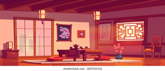 Restaurante asiático, cafetería china o japonesa interior vacío de estilo tradicional con mesa servida para la ceremonia del té, flores sakura, escritorio bajo con almohadas en el suelo, cafetería ilustración vectorial de dibujos animados