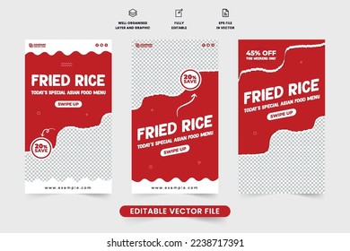 Vector de plantilla de descuento de restaurante asiático con colores rojo y blanco. Diseño de una historia de medios sociales de comida para la promoción de negocios. Vector de banner web de anuncios de comida asiática con marcadores de foto.