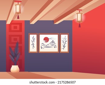 Asian restaurant interior vector illustration. Cartoon room of cafe, bar shop or cafeteria with cylinder lanterns, vase with plants near red and purple walls, wooden floor and ceiling background
