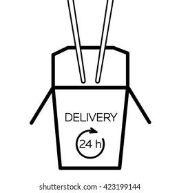 Asian restaurant line art black icon opened carton box with Delivery 24 h lettering and chopsticks isolated on white background / vector eps 10