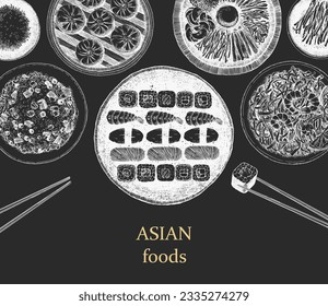 Asian Restaurant Menu. Hand-drawn illustration of dishes and products. Ink. Vector