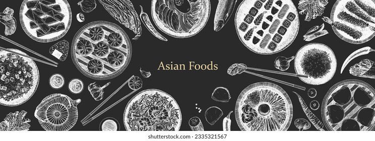 Asian Restaurant Menu. Hand-drawn illustration of dishes and products. Ink. Vector