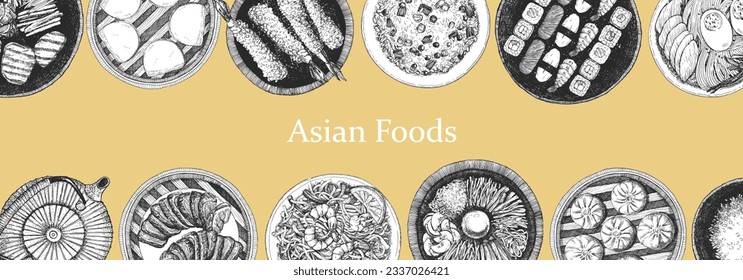 Asian Restaurant Menu. Hand-drawn illustration of dishes and products. Ink. Vector