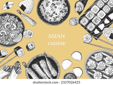 Asian Restaurant Menu. Hand-drawn illustration of dishes and products. Ink. Vector