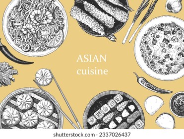 Asian Restaurant Menu. Hand-drawn illustration of dishes and products. Ink. Vector