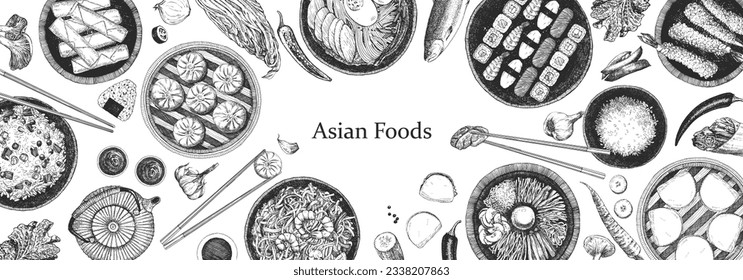 Asian Restaurant Menu. Hand-drawn illustration of dishes and products. Ink. Vector