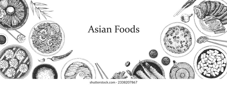 Asian Restaurant Menu. Hand-drawn illustration of dishes and products. Ink. Vector