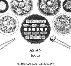 Asian Restaurant Menu. Hand-drawn illustration of dishes and products. Ink. Vector