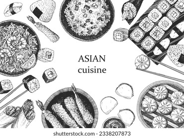 Asian Restaurant Menu. Hand-drawn illustration of dishes and products. Ink. Vector